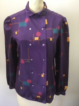 VICTOIRE, Purple, Fuchsia Pink, Teal Blue, Mustard Yellow, Dk Green, Polyester, Geometric, Purple with Fuchsia/Teal/Mustard/Dark Green Modernist Geometric Shape Pattern, Long Sleeves, Double Breasted Button Closures, Small Rounded Collar, Puffy Sleeves Gathered at Shoulders and Cuffs,