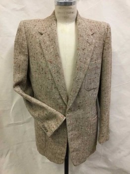 Mens, Blazer/Sport Co, JENNY'S, Khaki Brown, Rust Orange, Lime Green, Brown, Wool, Tweed, 42 R, Single Breasted, 2 Buttons,  3 Patch Pocket,  Notched Lapel, Partially Lined, Scratchy, Broad Shoulders Narrow Hips