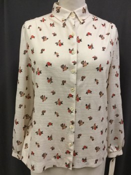 Womens, Blouse, MISS ACCENT ACT III, Cream, Burnt Orange, Brown, Espresso Brown, Polyester, Novelty Pattern, 44b, Button Front, Button Down Collar, Long Sleeves, Semi Sheer Knit, Fall Toned Apple Print