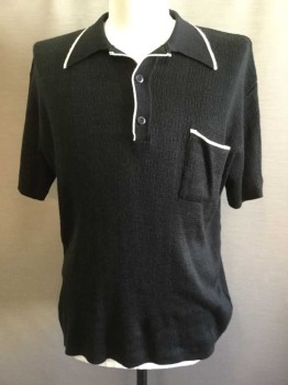 Mens, Sweater, BO KARO, Black, White, Acrylic, Solid, XL, Short Sleeves, Henley, 1 Pocket, Ribbed Knit Collar/Placket/Cuff, White Trim Collar/Placket/Pocket