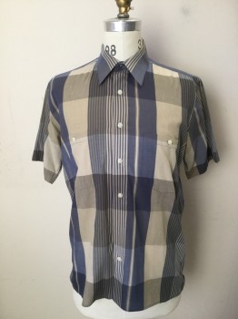 PIERRE CARDIN, Khaki Brown, Blue, Poly/Cotton, Stripes, Check , Short Sleeves, Collar Attached, Button Front, 2 Button Down Pocket