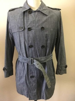 Mens, Casual Jacket, BEN SHERMAN, Denim Blue, Cotton, L, Chambray Jacket, Button Front, Double Breasted, Button Front, Collar Attached, Epaulets, 2 Pockets, Flap From Right Side Shoulder, Elbow Patches, Button Tab on Cuffs, Self Belt