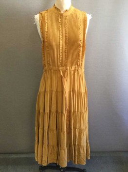 Womens, Dress, Sleeveless, N/L, Mustard Yellow, Silk, Solid, B:37, Sleeveless, High Round Neck, Ruffle Trim at Neck and Vertical Stripes of Ruffle Trim on Chest, Vertical Pleats on Chest, Drawstring Waist, Horizontal Tiered Skirt, Ankle Length Hem