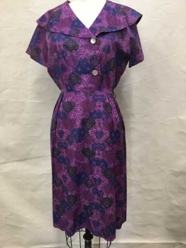 KAY WHITNEY, Purple, Pink, Navy Blue, Red Burgundy, Olive Green, Abstract , Short Sleeve,  Shawl Collar W/Notch, 2 Pale Pink Plastic Buttons, Double Pleats At Waist, Straight/Pencil Fit Skirt, Hem Below Knee, Belt Loops, (But No Belt)