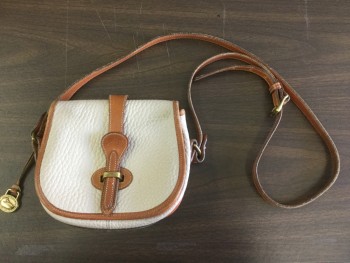 Womens, Purse, DOONEY & BOURKE, Cream, Tan Brown, Leather, Solid, Small, Long Strap, Flap Over with Leather Closure, Gold Tone Hardware,