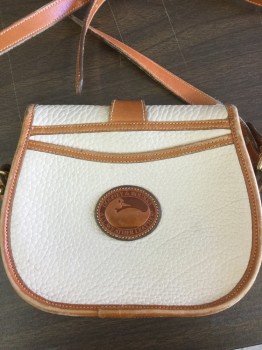 Womens, Purse, DOONEY & BOURKE, Cream, Tan Brown, Leather, Solid, Small, Long Strap, Flap Over with Leather Closure, Gold Tone Hardware,