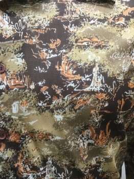 Mens, Shirt Disco, VAN HEUSEN, Brown, Tan Brown, Dk Brown, Off White, Nylon, Novelty Pattern, XL, Button Front, Long Sleeves, Collar Attached, Print Could Be Abstract Swirling Fire in California