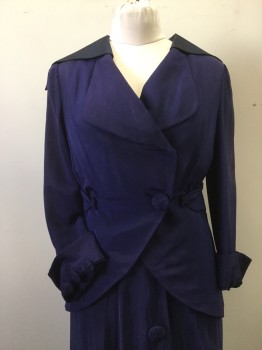 CW PRATT, Navy Blue, Silk, Acetate, Solid, Blazer  Faille Fabric. Double Breasted Wide Lapel with Novelty Sailor Collar. Frog Detail in Self at Side  Waist. Cuffed Sleeves with 3 Covered Buttons. Sun Damage at Center of Sleeves. Holes at Both Shoulders-,