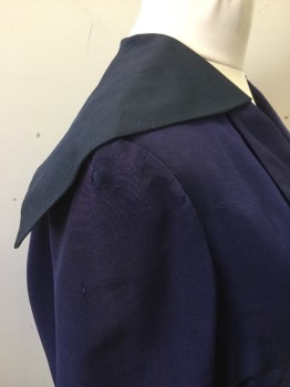 CW PRATT, Navy Blue, Silk, Acetate, Solid, Blazer  Faille Fabric. Double Breasted Wide Lapel with Novelty Sailor Collar. Frog Detail in Self at Side  Waist. Cuffed Sleeves with 3 Covered Buttons. Sun Damage at Center of Sleeves. Holes at Both Shoulders-,