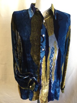 JOEY RICHI, Black, Teal Blue, Mustard Yellow, Gray, Brown, Silk, Abstract , Collar Attached, Silver Button Front, Long Sleeves, (missing 6th Button)