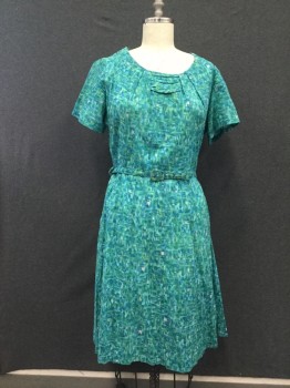 MTO, Aqua Blue, Blue, Green, Cotton, Abstract , Short Sleeves, Scoop Neck, Pleated at Neck, Godet Skirt, Side Zip, Strap Detail and Neck, Self Belt, Belt Loops