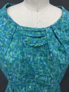 MTO, Aqua Blue, Blue, Green, Cotton, Abstract , Short Sleeves, Scoop Neck, Pleated at Neck, Godet Skirt, Side Zip, Strap Detail and Neck, Self Belt, Belt Loops