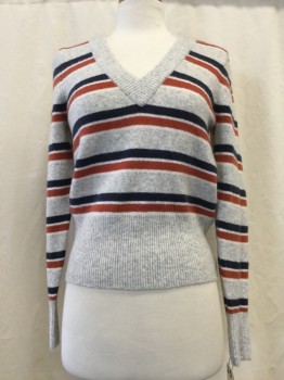 Womens, Pullover, MADEWELL, Lt Gray, White, Navy Blue, Rust Orange, Synthetic, Wool, Stripes, Heathered, XS, V-neck, Long Sleeves, Ribbed Trim