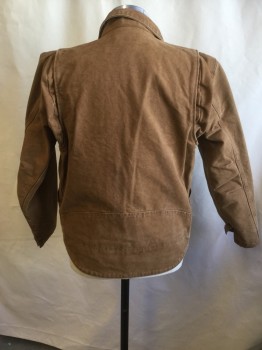 Mens, Casual Jacket, CARHARTT, Caramel Brown, Cotton, Solid, S, Cotton Duck, Zip/Snap Front,  Collar Attached, 2 Chest Flap Pockets, 2 Large Patch Pockets, Long Sleeves, Pleated Sleeve Seam, Snap Cuff, Curved Lower Back Hem Panel, Fleece Lined