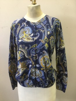 Womens, Sweater, TALBOTS, Navy Blue, Lt Blue, Yellow, White, Cotton, Rayon, Novelty Pattern, Sp, Novelty Paisley Like Print, Knitted Cardigan, Crew Neck Button Front, Long Sleeves,