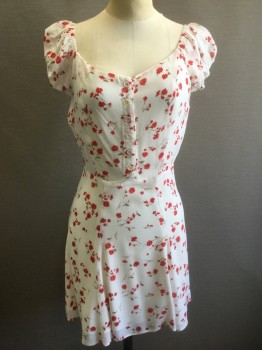 Womens, Dress, Short Sleeve, REFORMATION, White, Red, Coral Orange, Brown, Polyester, Floral, M, White with Red/Coral Flowers with Brown Leaves Pattern, Sheer Crepe, Cap Sleeves, Scoop Neck, Shirtwaist, Flared Skirt with Hem Above Knee, Invisible Zipper in Back, Retro 1990's Look