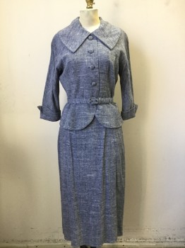 Womens, 1950s Vintage, Suit, Jacket, DARYL Of ST. LOUIS, Dk Blue, White, Rayon, Cotton, B36, Two Tone Weave, Single Breasted, Button Front, Oversized Collar, Dolman 3/4 Sleeve with Cuff, Self Belt