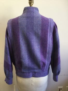 AVOCA COLLECTION, Purple, Lavender Purple, Periwinkle Blue, Wool, Stripes - Vertical , Tweed, Concealed Button Front Placket, Stand Collar, Fitted Waist with Pleats in Back, Long Sleeves with Pleats at Wrist, Vertical Tucks at on Both Sides From Front to Back Waistband, Dolman Sleeve