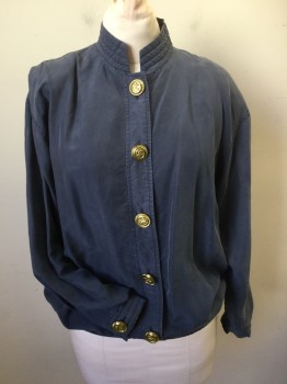 TARA VANESSA, Navy Blue, Gold, Silk, Lurex, Solid, Washed Silk, Quilted Stand Collar, C.A., BF, Large Brass "Anchor" Buttons, Metallic Ship"s Wheel Embroidered on Back, LS, Shoulder Pads, Quilted Cuffs