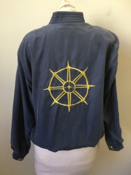 Womens, Jacket, TARA VANESSA, Navy Blue, Gold, Silk, Lurex, Solid, B: 36, M, Washed Silk, Quilted Stand Collar, C.A., BF, Large Brass "Anchor" Buttons, Metallic Ship"s Wheel Embroidered on Back, LS, Shoulder Pads, Quilted Cuffs
