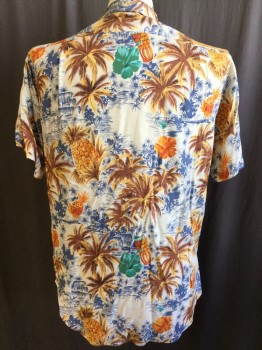 Mens, Hawaiian Shirt, INSIGHT, Ecru, Orange, Yellow, Brown, Steel Blue, Rayon, Tropical , L, Collar Attached, Wood Button Front, Short Sleeves,
