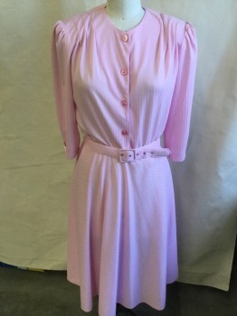 LOOKS, Pink, Polyester, Stripes - Vertical , Stripes - Horizontal , Pink with Self Vertical Stripe Upper Top and Horizontal Stripes Skirt, Crew Neck, 4 Large Pink Button Front, 3 Pleats at Shoulder, 3/4 Sleeves with 1 Matching Button, Flare Bottom,  Detachable Self Belt with Rectangle Buckle