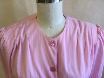 LOOKS, Pink, Polyester, Stripes - Vertical , Stripes - Horizontal , Pink with Self Vertical Stripe Upper Top and Horizontal Stripes Skirt, Crew Neck, 4 Large Pink Button Front, 3 Pleats at Shoulder, 3/4 Sleeves with 1 Matching Button, Flare Bottom,  Detachable Self Belt with Rectangle Buckle