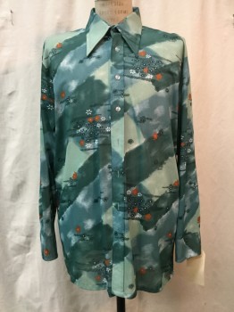 HABAND PATTERSON, Green, Teal Green, Sage Green, Nylon, with White/ Dark Green/ Rust Floral Print, Button Front, Collar Attached, Long Sleeves,