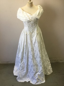 Womens, Wedding Dress, N/L, Ivory White, Off White, Synthetic, Floral, W 28, B32, Off the Shoulder, Pleated Portrait Collar, Brocade, Pearls and Sequins on Bodice, Center Back Zipper, Modest Train, Bride