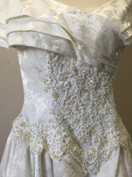 Womens, Wedding Dress, N/L, Ivory White, Off White, Synthetic, Floral, W 28, B32, Off the Shoulder, Pleated Portrait Collar, Brocade, Pearls and Sequins on Bodice, Center Back Zipper, Modest Train, Bride