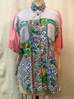 ERIC MICHAELS, Multi-color, Cotton, Color Blocking, Novelty Pattern, Various Patterns, S/S, Button Front, Collar Attached, 2 Pockets