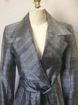 N/L, Gray, Charcoal Gray, Silk, Stripes - Static , Gray with Charcoal Horizontal Streaks Taffeta, Wrapped Closure with 1 Hidden Snap, Wide Lapel, 2 Welt Pockets at Hips, Lightly Padded Shoulders, Knee Length, **With Matching Self Fabric Belt