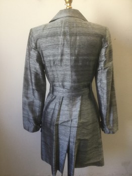 N/L, Gray, Charcoal Gray, Silk, Stripes - Static , Gray with Charcoal Horizontal Streaks Taffeta, Wrapped Closure with 1 Hidden Snap, Wide Lapel, 2 Welt Pockets at Hips, Lightly Padded Shoulders, Knee Length, **With Matching Self Fabric Belt