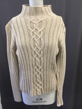 Womens, Pullover Sweater, LL BEAN, Tan Brown, White, Cotton, Solid, S, Heathered Tan, Ribbed Mock Neck, Cable Knit