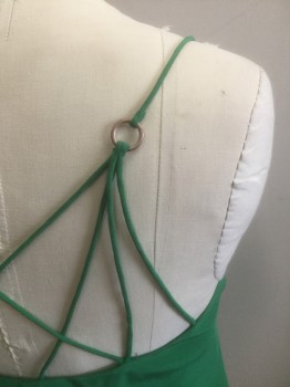 Womens, Top, CINQ A SEPT, Emerald Green, Silk, Solid, XS, Charmeuse, Spaghetti Straps That Cross Over in Back with Bronze Ring Details, V-neck, Pullover