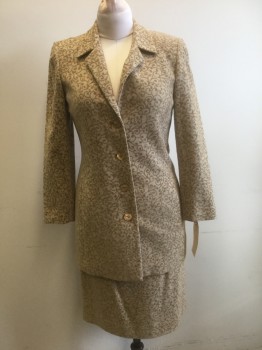 Womens, 1990s Vintage, Suit, Jacket, DANA BUCHMAN, Tan Brown, Cream, Wool, Nylon, Herringbone, Swirl , 6, Flocked Curlicue Fabric, Single Breasted, Hip Length, 4 Buttons, Notched Lapel, 2 Vertical Pocket,