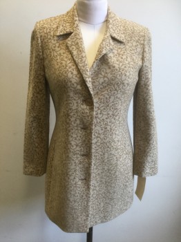 Womens, 1990s Vintage, Suit, Jacket, DANA BUCHMAN, Tan Brown, Cream, Wool, Nylon, Herringbone, Swirl , 6, Flocked Curlicue Fabric, Single Breasted, Hip Length, 4 Buttons, Notched Lapel, 2 Vertical Pocket,
