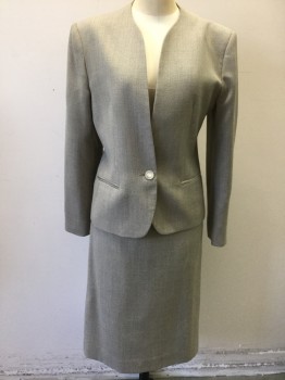 Womens, 1990s Vintage, Suit, Jacket, CINTAS, Taupe, Gray, Wool, Speckled, 6, Long Sleeves, 1 Beige Plastic Button, No Lapel, 2 Welt Pockets, Solid Beige Lining,