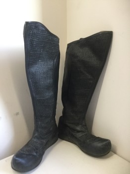 MTO, Black, Leather, Solid, Made To Order, Knee High Boots, Pointy Upturned Toe, Basket weave Panels, Rubber Soles, Wide Calves