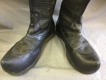 Mens, Sci-Fi/Fantasy Boots , MTO, Black, Leather, Solid, 12.5, Made To Order, Knee High Boots, Pointy Upturned Toe, Basket weave Panels, Rubber Soles, Wide Calves