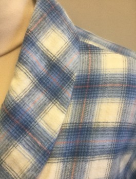 Womens, SPA Robe, BONSOIR, French Blue, White, Navy Blue, Peach Orange, Cotton, Plaid, M, Flannel, Shawl Collar, Long Sleeves, 2 Patch Pockets at Hips, **With Matching Sash Belt