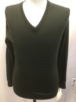 Mens, Pullover Sweater, JCREW, Moss Green, Wool, Solid, S, V-neck,