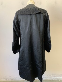 N/L, Black, Silk, Solid, Satin, Long/Below Hip Length Coat, Shawl Collar, Black Lace Trim at Lapel and Cuffs, 3 Fabric Buttons, Moire Silk Lining, Mourning,