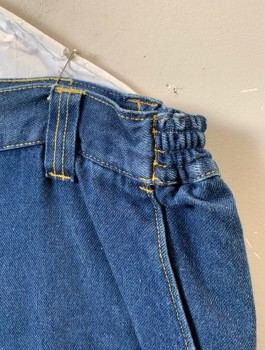 LARGE & IN CHARGE, Denim Blue, Cotton, Polyester, Denim Cargo Jorts, Elastic at Sides of Waist, High Waisted, Baggy Legs Just Below Knee Length, 6 + Pockets/Compartments, Tan Top Stitching
