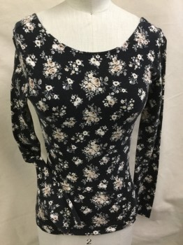 Womens, Top, FOREVER 21, Black, Cream, Tan Brown, Olive Green, Cotton, Spandex, Floral, S, Pull On, Round Neck Scooped In Back,  Long Sleeves,