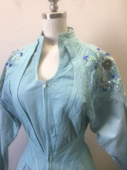 IIF, Lt Blue, Lime Green, Sienna Brown, Royal Blue, Cotton, Beaded, Swirled Appliqués and Beading at Shoulders, Rhinestones Shaped Like Moons and Circles, Etc, Long Dolman Sleeves, Elastic Waist with V Shaped Yoke, Knee Length,