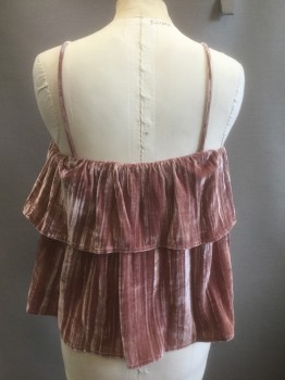 Womens, Top, MADEWELL, Mauve Pink, Viscose, Silk, Solid, XS, Crushed Panné Velvet, Spaghetti Straps, Ruffled Tier at Bust