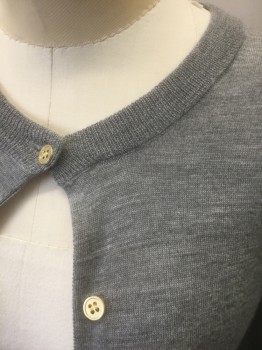 J.CREW, Gray, Wool, Solid, Lightweight Knit, Long Sleeves, Round Neck, Gold Buttons at Center Front