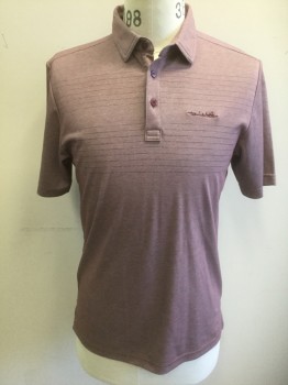 TRAVIS MATHEW, Dusty Purple, Cotton, Polyester, 2 Color Weave, Pique, Plum and Navy Dashed Horizontal Stripes at Chest Area, Short Sleeves, Collar Attached, 3 Button Placket, Logo Embroidered at Side Chest
