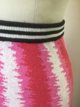 Womens, Skirt, Below Knee, TOPSHOP, Paprika Red, Hot Pink, White, Black, Cotton, Nylon, Stripes - Vertical , Abstract , 2, Shades of Pink and White Abstract Vertical Stripes, Lightweight Knit, Black and White Rib Knit 1" Wide Waistband, Pencil Skirt, Hem Below Knee